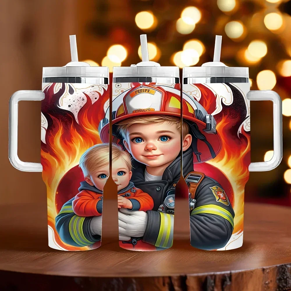 40oz Insulated Tumbler with Handle, Features Lovely Firefighter And Children Print, Offers Long Lasting Thermal Insulation, Perfect Holiday Birthday Gift for Firefighter Enthusiasts Daily Use And Outdoor Activities