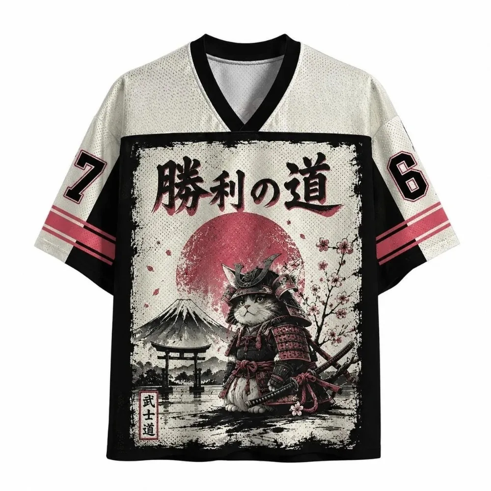 Sommer-Modetrend Japanisches Retro-Wander-Samurai-Katzen-3D-Druck Schnelltrocknendes Herren-V-Ausschnitt-T-Shirt Outdoor-Freizeit-Familien-T-Shirt – Detail 7