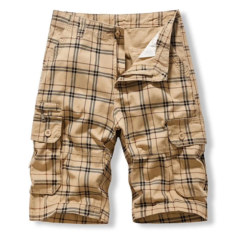 Summer Fashion Men\'s Cargo Shorts Male Plaid Cotton Multiple Pockets Shorts Pants