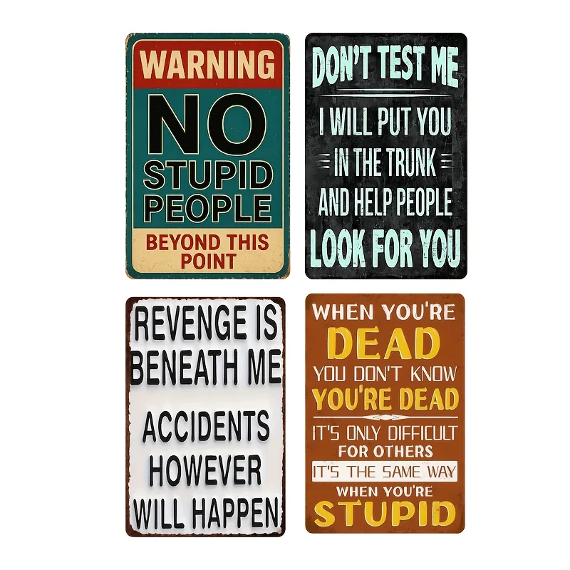 【2D Flat】 4pcs Retro Funny Warning Themed Metal Sign Set, Weather Resistant Decorative Tin Plaque For Workshop Patio Home Bar