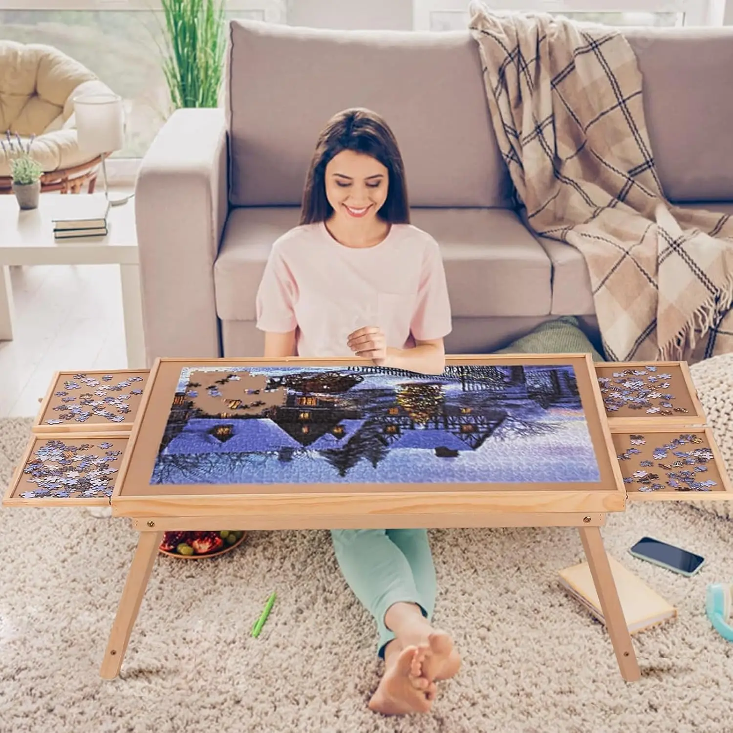 

1500-Piece Jigsaw Puzzle Table with Folding Legs, 4 Drawers, Cover - Portable Board Game Table for Adults and Teens