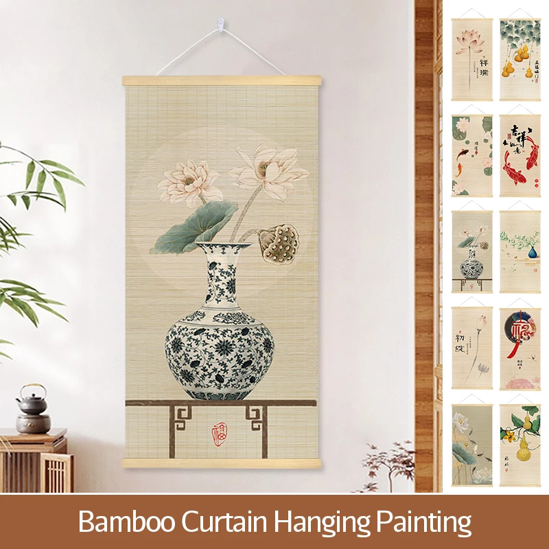 

Bamboo Printed Poster Chinese Style Scroll Painting Flower Lotus Auspicious Gourd Wall Hangings Zen Tea Room Home Decor Gift