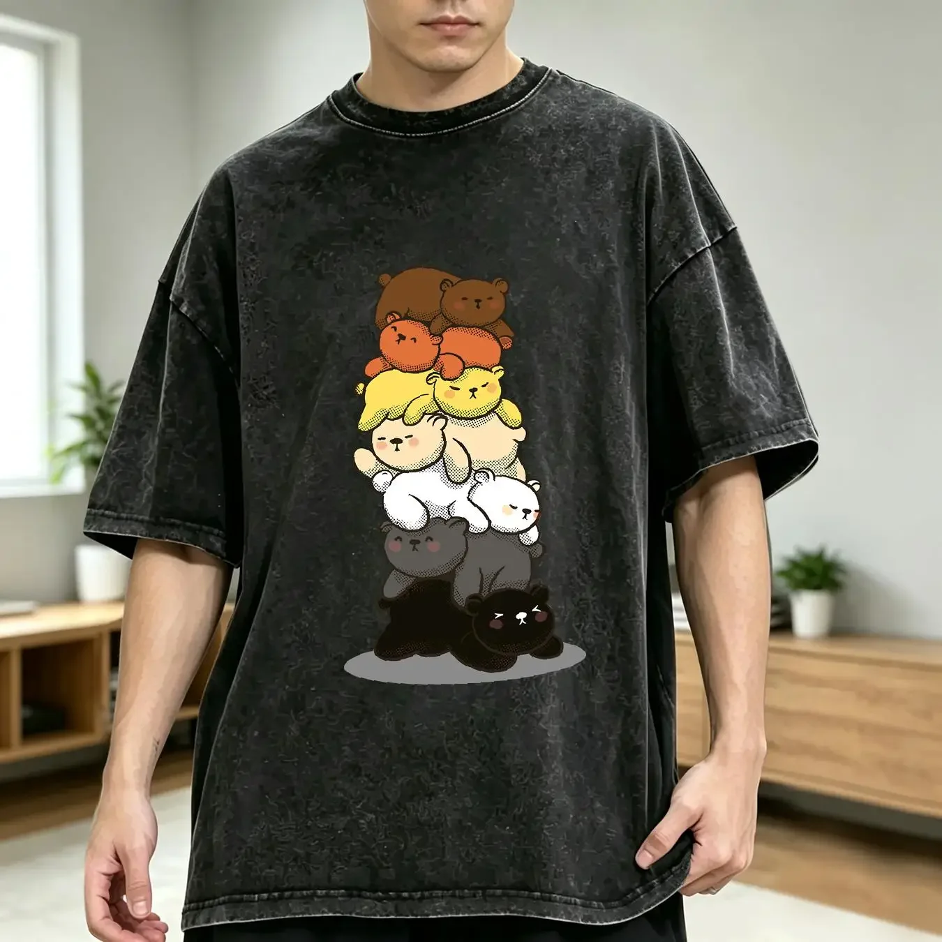 washed T Shirt Gay Pride Bear LGBT Kawaii Bears Pile Cute Cub Flag long or short sleeves vintage Washed Stretched Comfortable