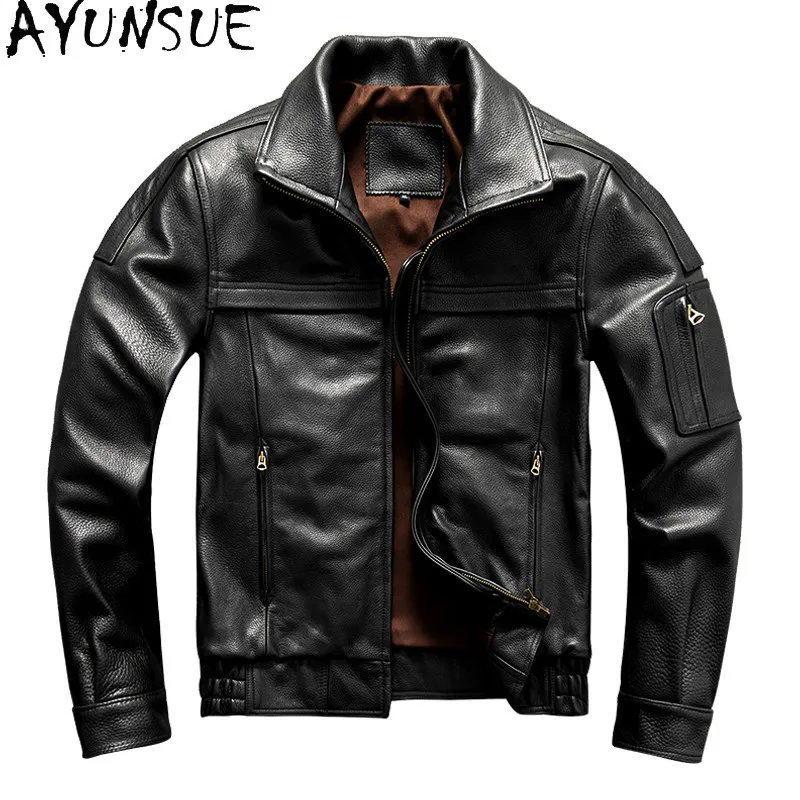 

AYUNSUE Top Layer Cowhide Geuine Leather Jacket Men Fashion Lapel Short 100% Real Leather Coat Spring Autumn Leather Chaquetas