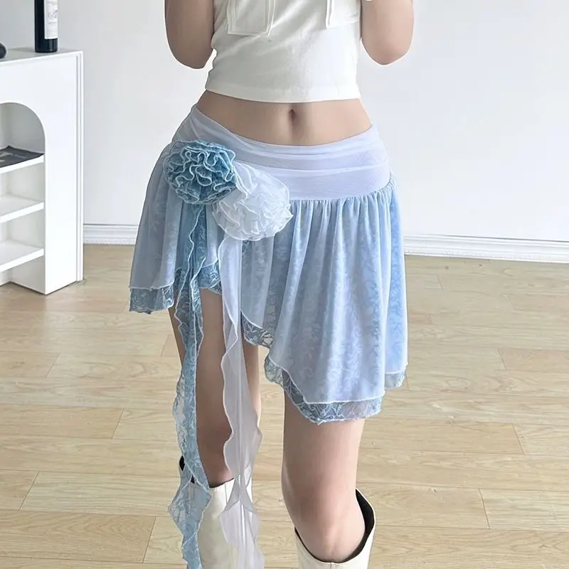 Korejepo French Pure Desire Rose Ribbon Mesh Skirt Women Short Double Layer Asymmetrical Spice Girl Pleated Skirts Bottoms