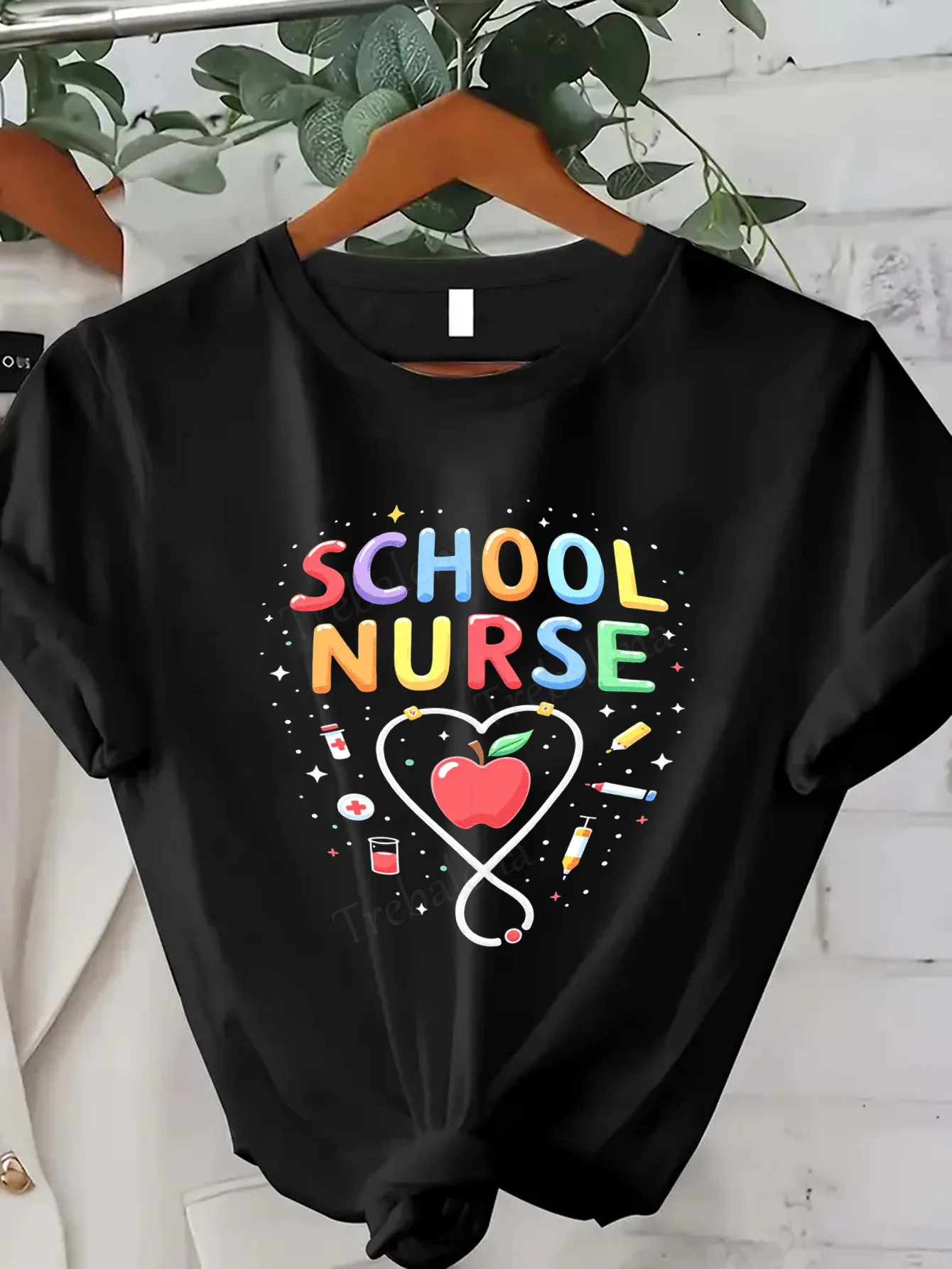 

Women T-shirt Colorful School Nurse T-Shirt with Apple & Stethoscope Design for Women