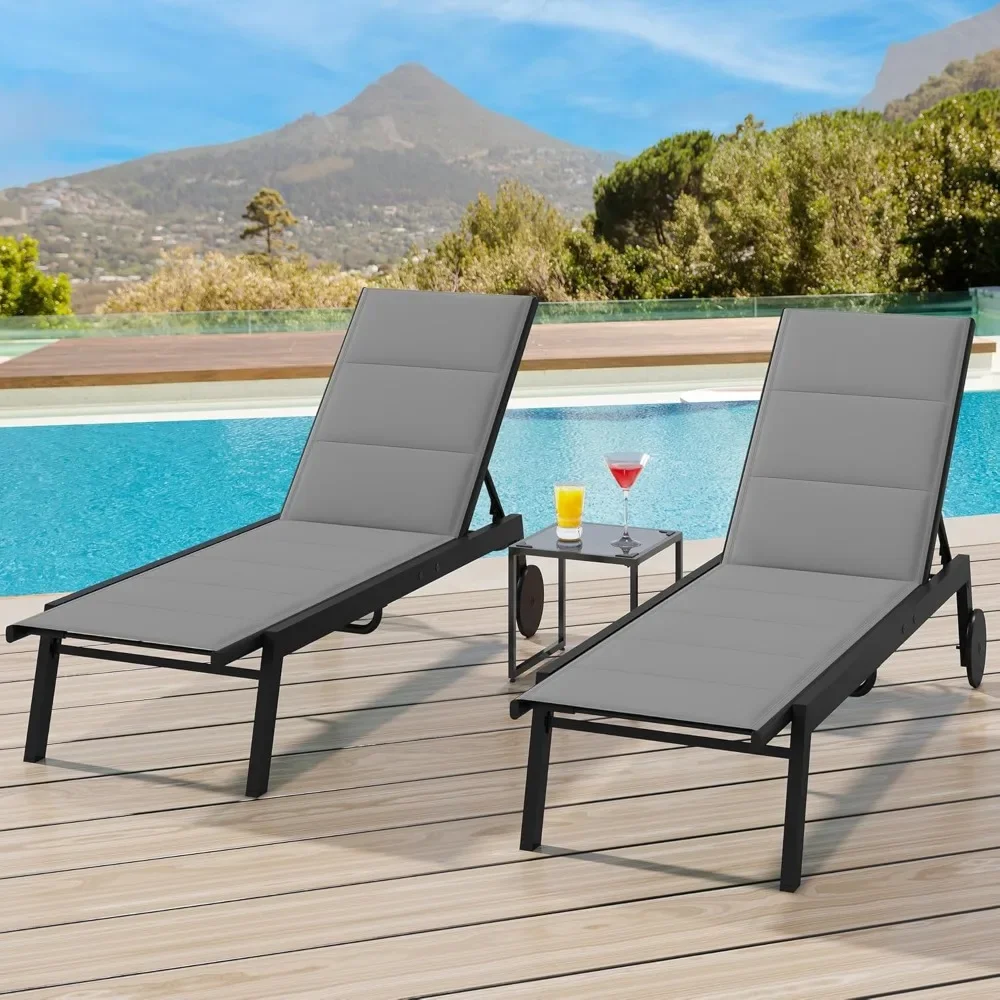 Patio Chaise Lounge Set Of 3, Aluminum Outdoor Lounge Chairs With Side Table, Padded Fabric, And Wheels|