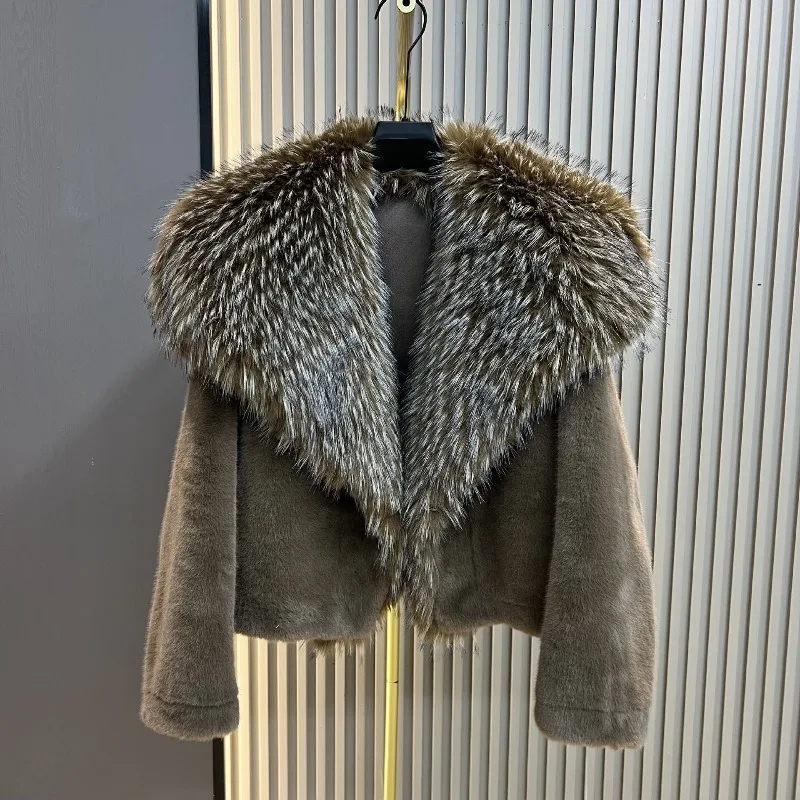 Soft Comfortable Fur Coat  2025 Autumn Winter New Large Furry Collar Short Faux Mink Fur One-Piece Furry Coat Outerwear Ladies