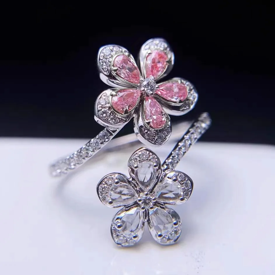 2022 Exquisite Trend Double Flower Rings for Women Shiny Pink Cubic Zirconia Elegant Wedding Ring Luxury Party Jewelry