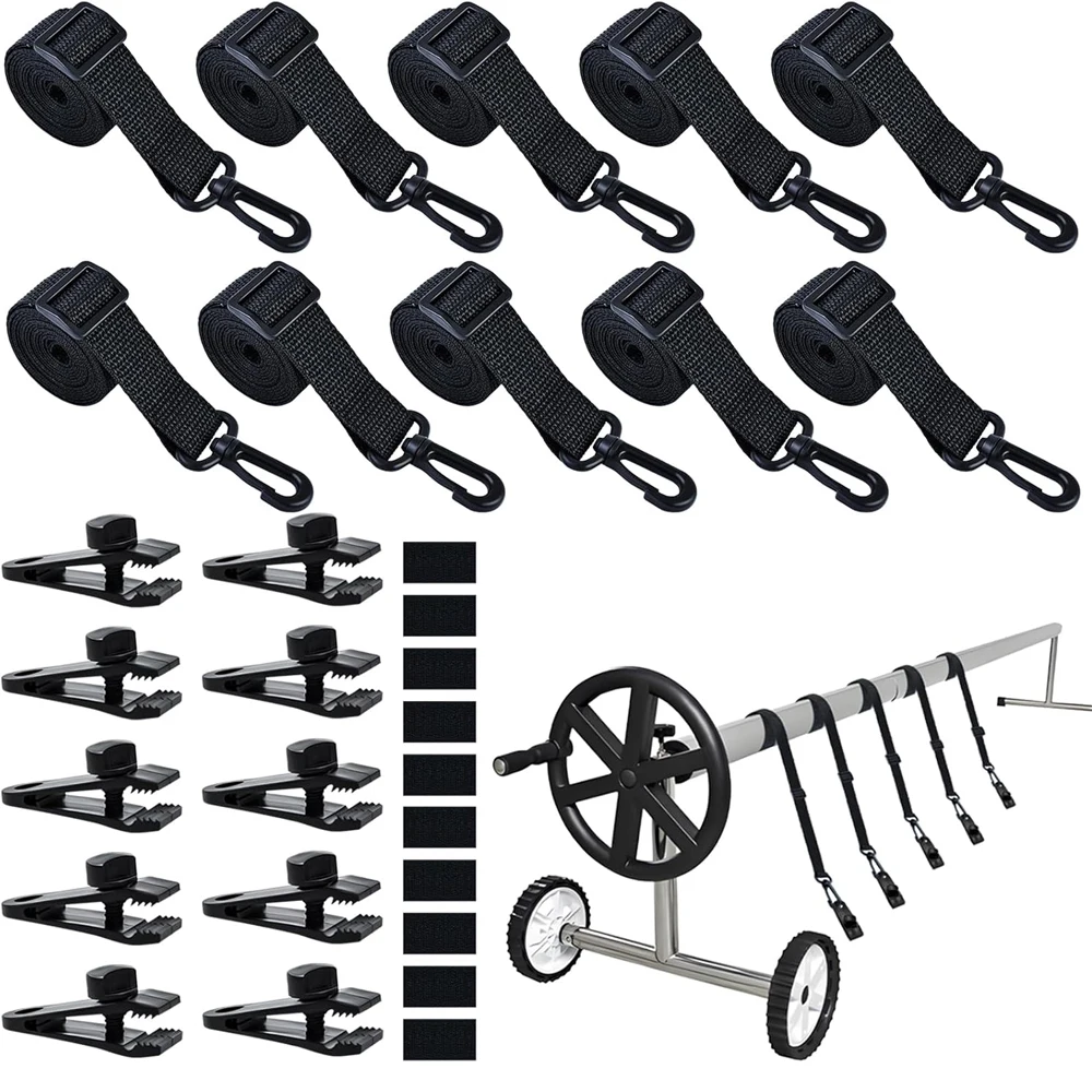 36/30/24/18Pcs Pool Solar Cover Reel Attachment Kit Solar Reel Blanket Straps and Clips Kit for Universal Inground Swimming Pool