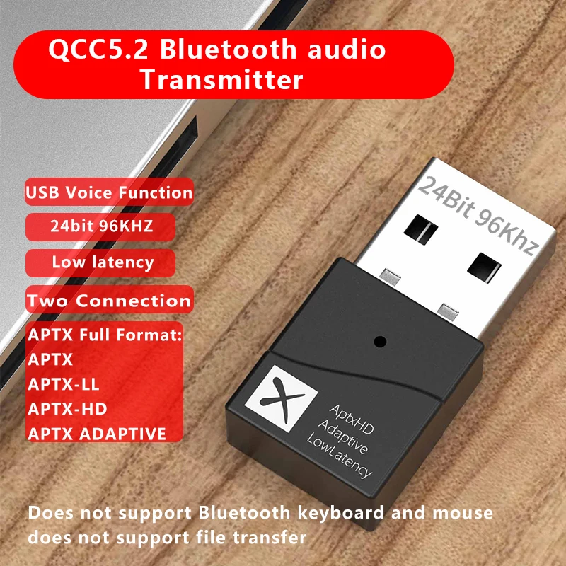 USB Bluetooth 5.2 Adapter Audio Transmitter Qualcomm QCC3040 24Bit aptX Adaptive LL HD Multipoint Wireless Adapter Low Latency