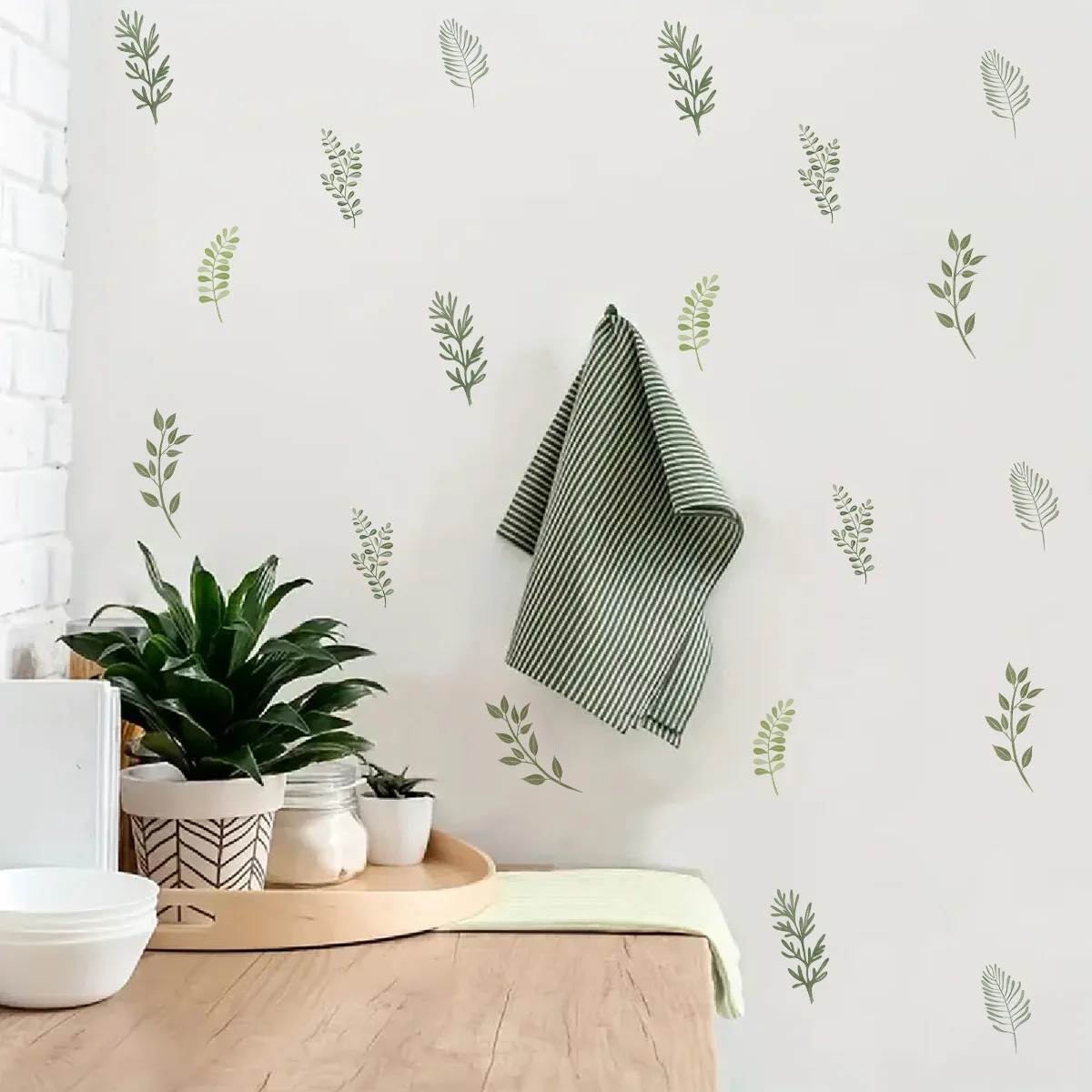 Green Leaf Wall Decals, Removable Botanical Peel and Stick Stickers, Minimalist Plant Decor for Bedroom Living Room