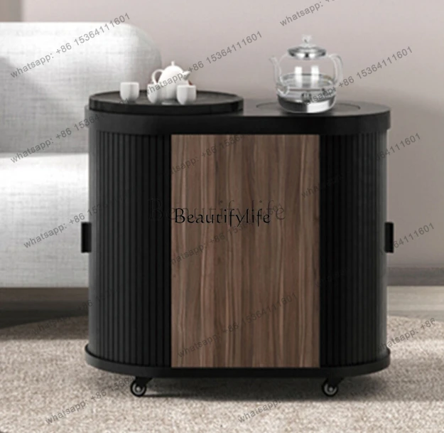 56Solid Wood Mobile Tea Table Household Small Tea Trolley with Wheels Black Stone Automatic Kettle Tea Cabinet