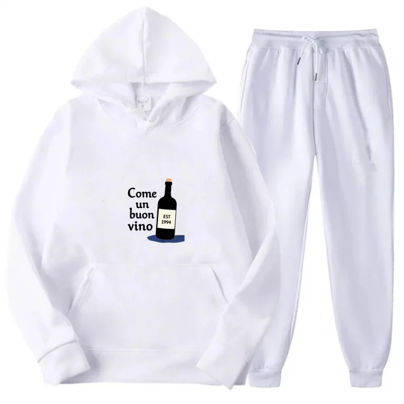 Серый комплект с капюшоном с принтом «Бутылка вина» Come Un Buon Vino, толстовка и брюки с текстовым дизайном, одинаковый наряд