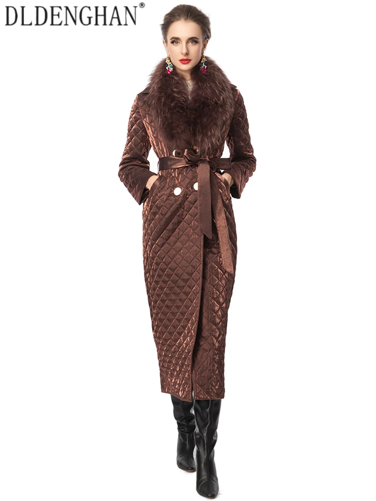 

DLDENGHAN Women's Winter Coat Fur Collar Long Sleeve Lace-Up Double Breasted High Street Outerwear Fashion for Females