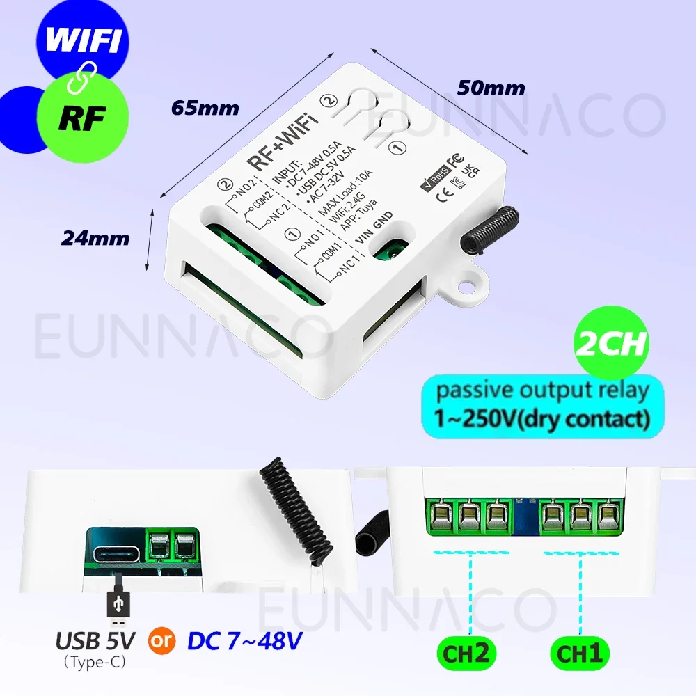 RF Wireless remote control switch TUYA WiFi smart home DC12V 24V 48V 2CH dry contact relay for Garage Light Surveillance camera