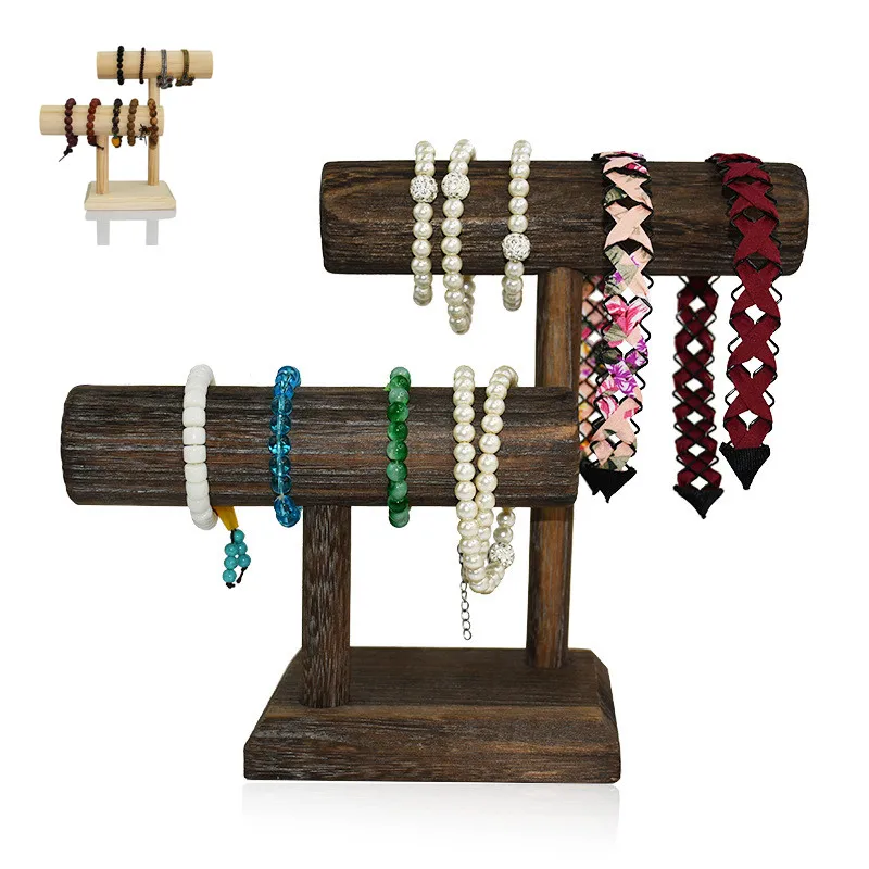 2-Tier Jewelry Stand Organizer, Wooden T-Bar Necklace and Bracelet Holder Display for Accessories