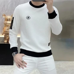 Street Fashion Trend Autumn Sweatshirts Men O-Neck Contrast Color Embroid Jacquard Weave Zipper Korean Casual Loog Sleeve Tops