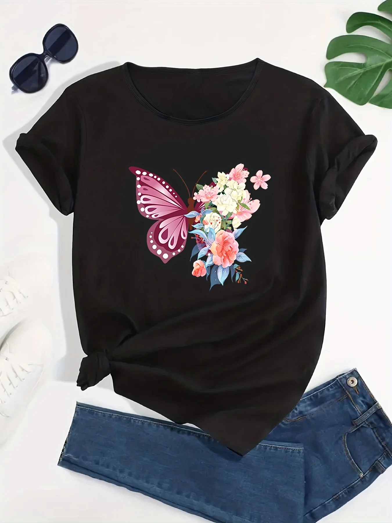 

Summer Sports Workout Women's Tops for Fall & Winter Butterfly Graphic Casual Sports T-shirt Round Neck Floral Printed