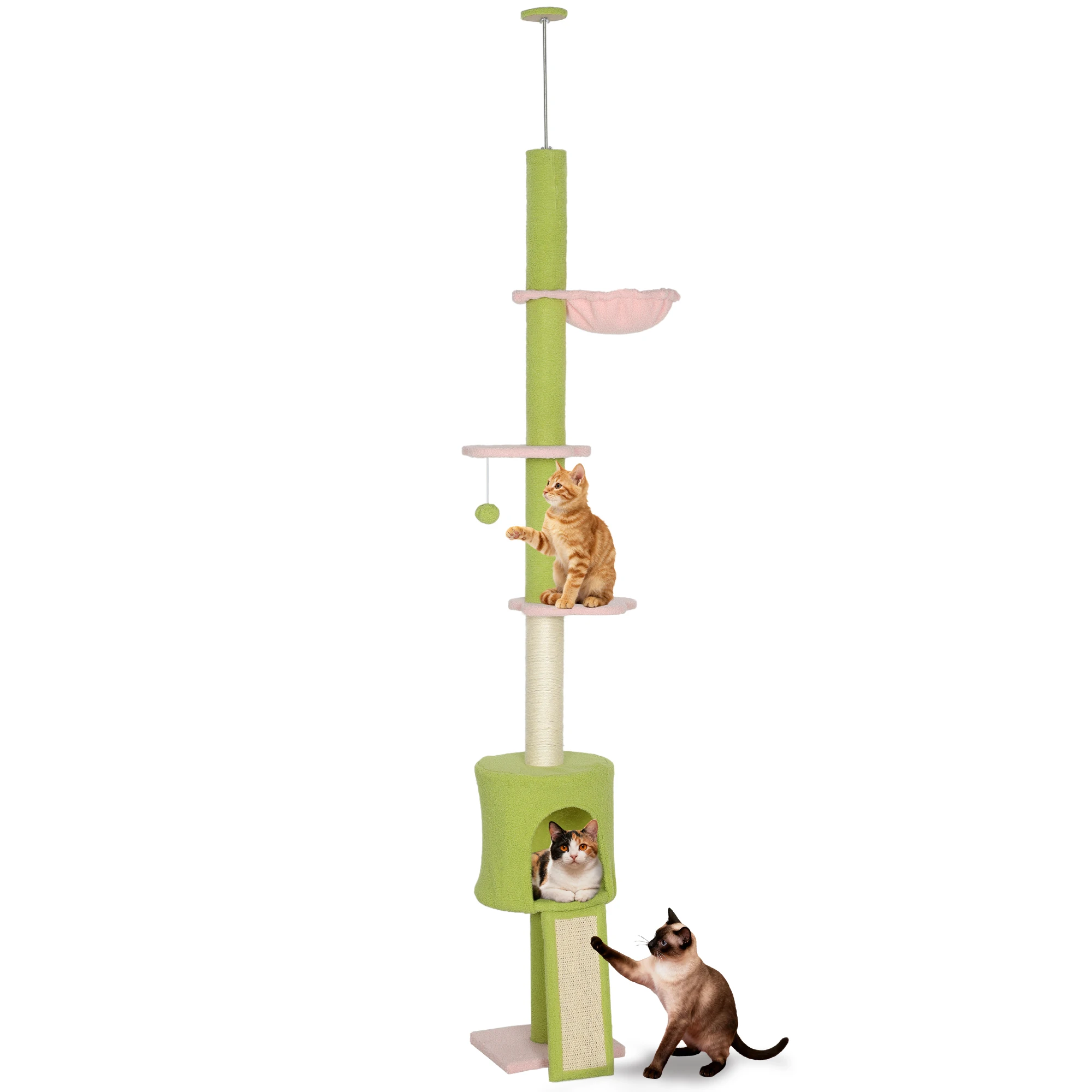 PawHut kattenboom van vloer tot plafond, 5 niveaus, in hoogte verstelbaar 220 cm, bloemenplatforms met nis, hangmat, oploop en hangende speelbal, activiteitencentrum voor binnen, groen - afbeelding 1