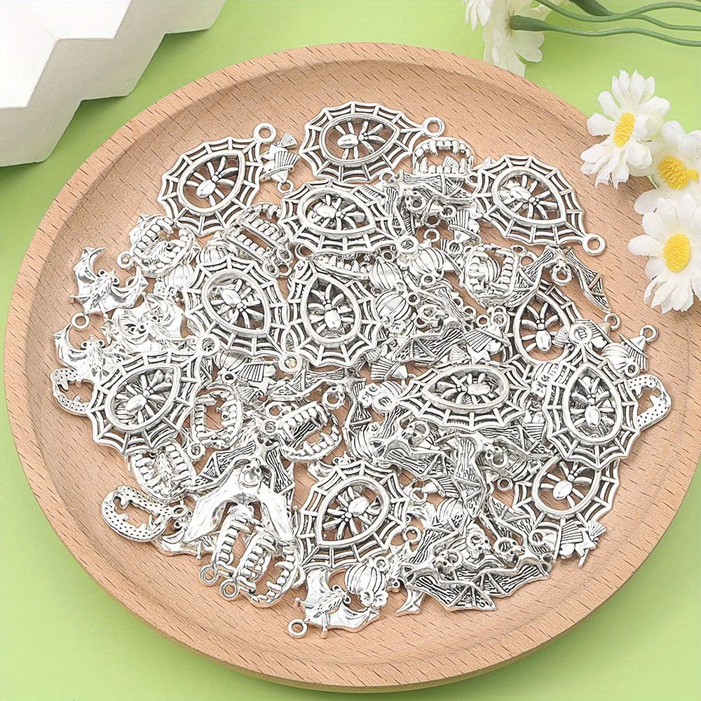 7/17/37 قطعة قلادة فضية على شكل شبح الخفافيش على شكل شبكة عنكبوت على شكل شبكة عنكبوت، أقراط على شكل سوار ذاتي الصنع، هدية الهالوين