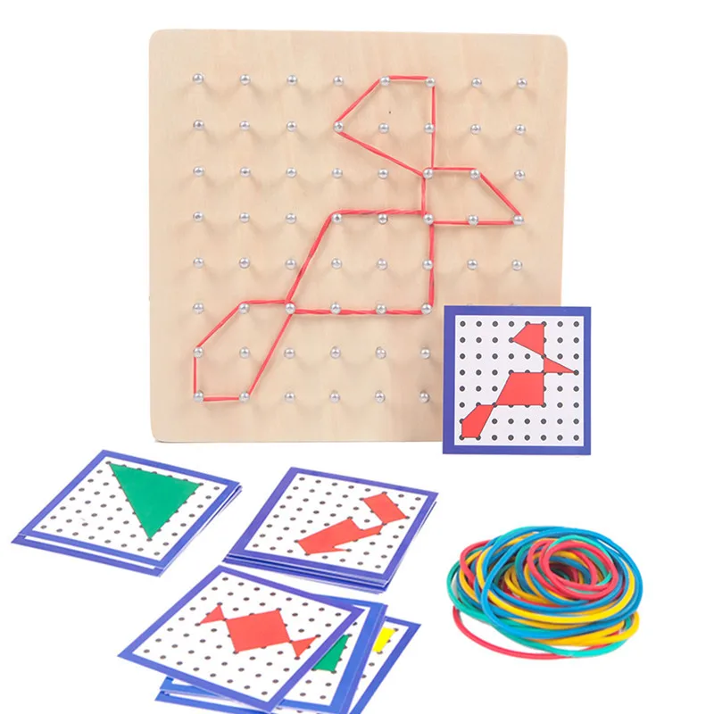 Wooden Toys Geoboard Mathematical Manipulative Pattern Cards Geo Board with Rubber Bands  Puzzle for Kids