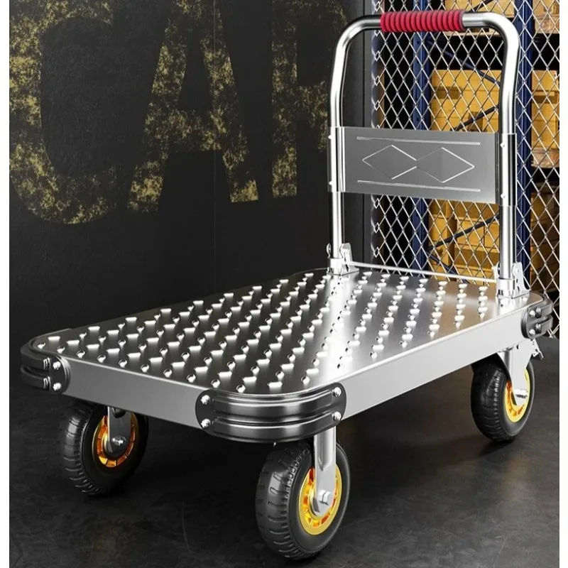 Thick steel plate folding handcart, silent rubber wheel flatbed cart, four corner anti-collision strips, anti slip stripes