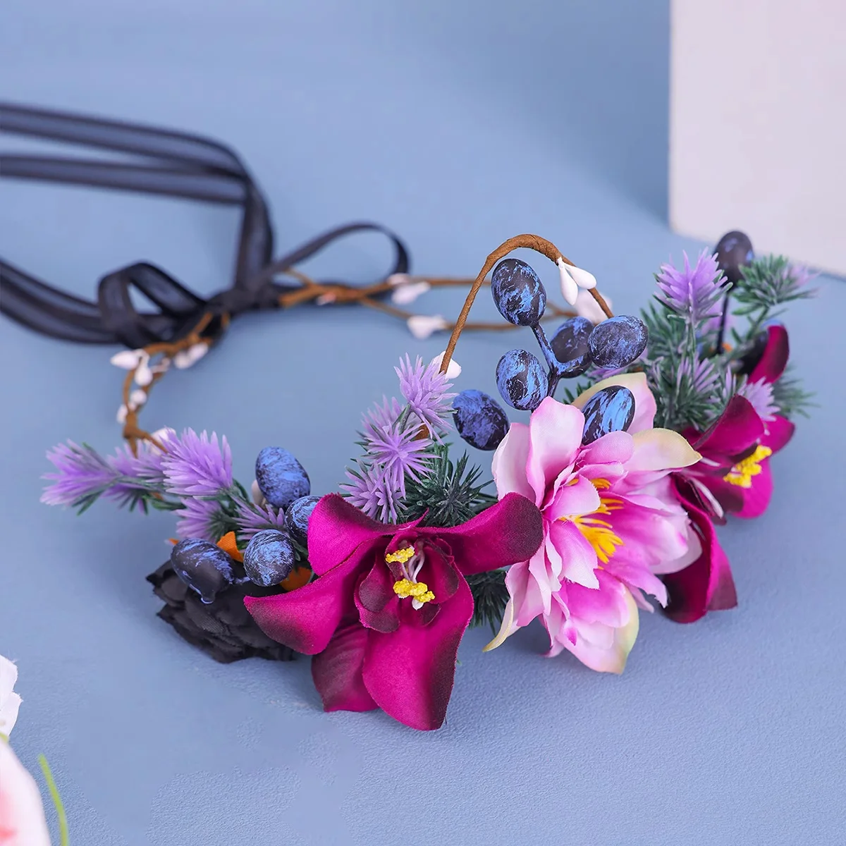 Purple flower wreath hair hoop fairy aura headwear retro forest style flower wreath headwear accessories image 3