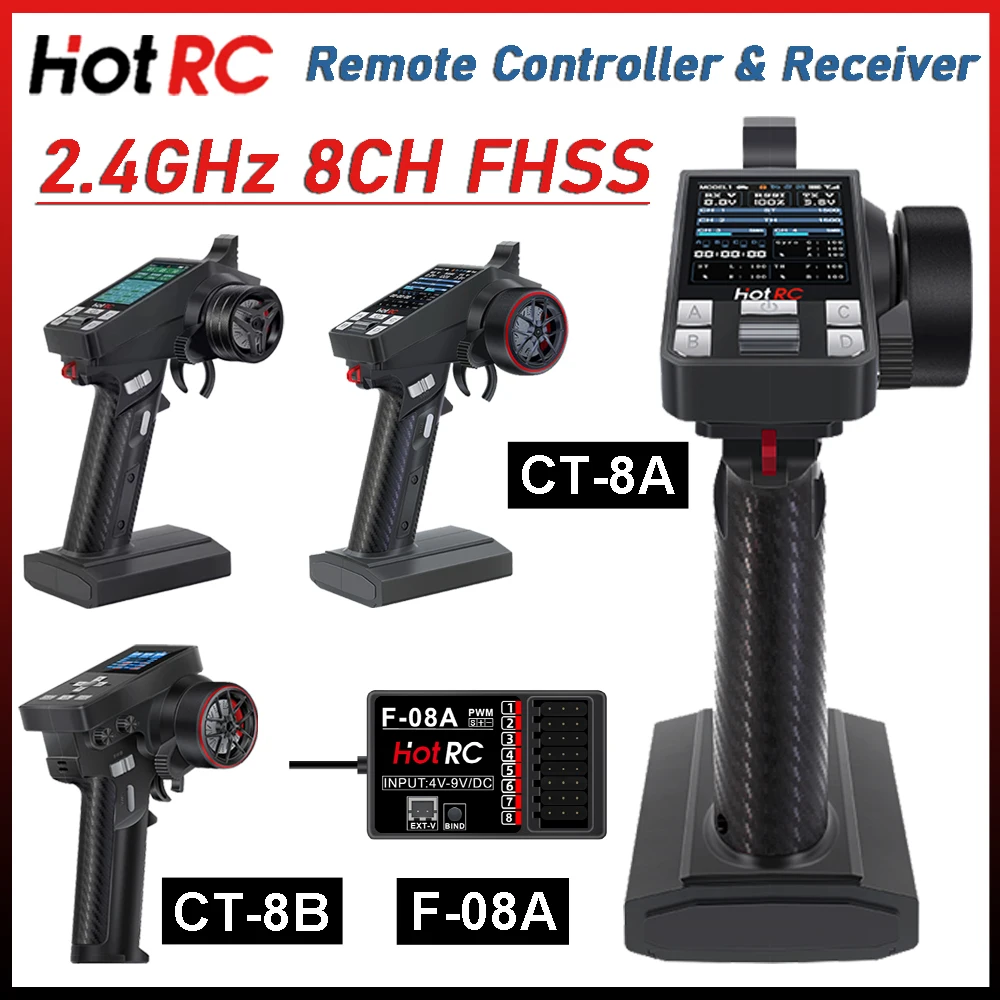 HOTRC CT-8A CT-8B Trasmettitore radio FHSS a 8 canali da 2,4 GHz con ricevitore F-08A Schermo a colori per RC Drift Climbing Buggy Cars Barca