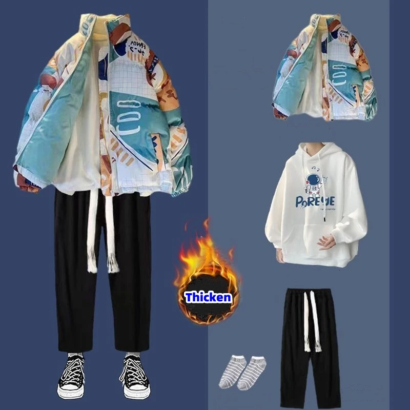 

Winter Outerwear Sets Couples Double Sides Wear Valentine's Day Jacket Trousers Youth Keep Warm Windbreaker Cotton-padded Parkas