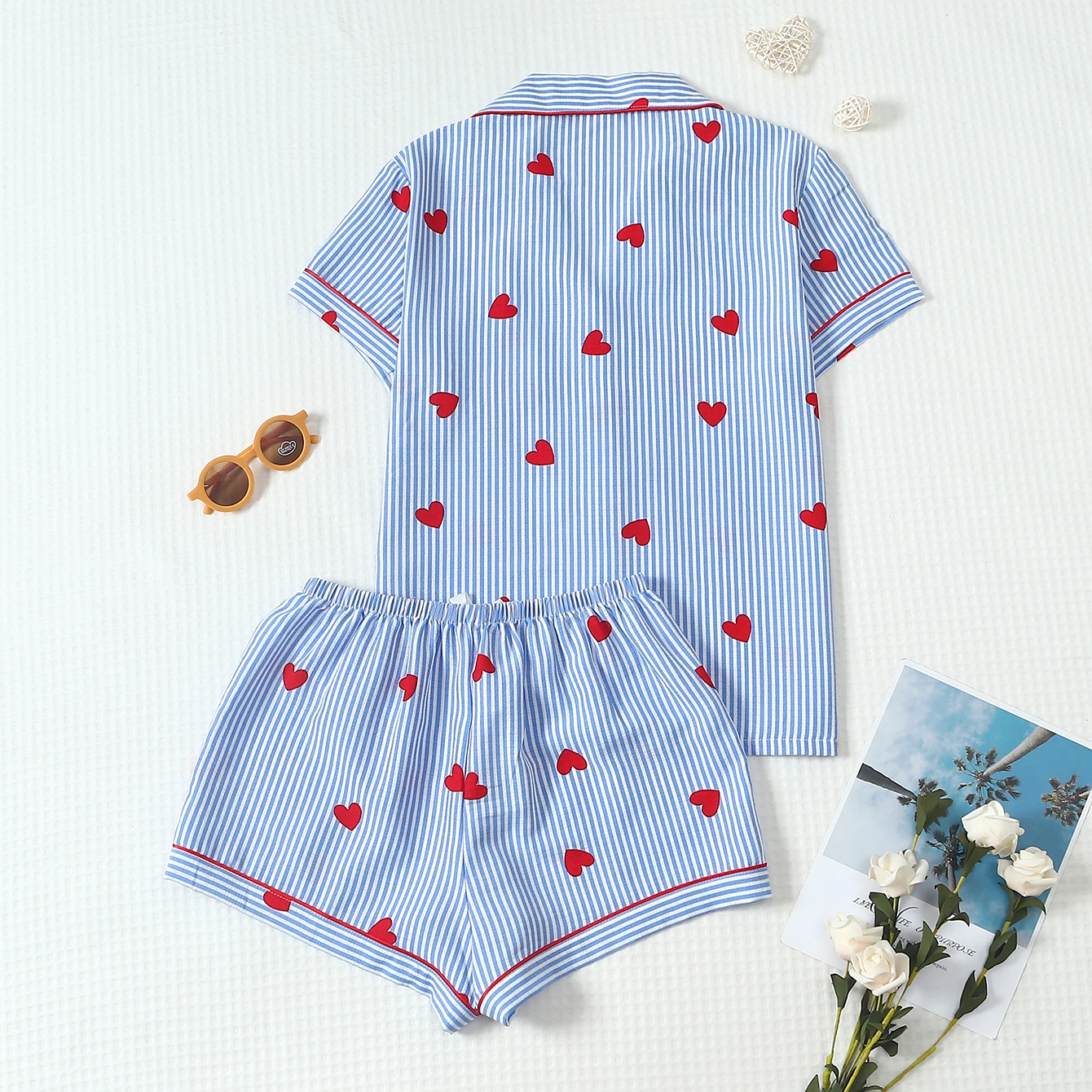 Two-Piece Comfortable Blue and White Striped Red Heart Print Lapel Button Short-Sleeve Top with Pockets and Bow Shorts Spring/Summer Women's Pajama Loungewear Set Suitable for Home Use
