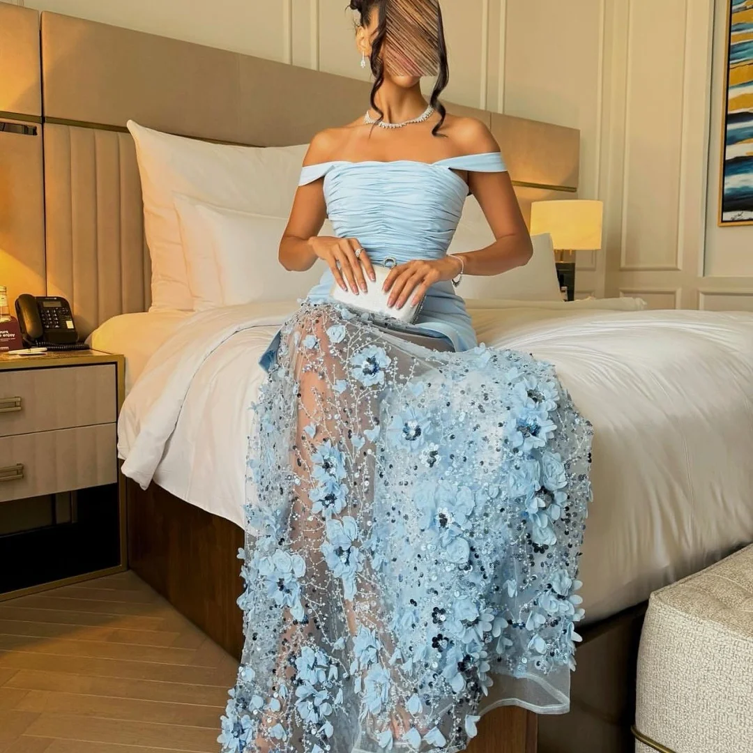 

Bella Customized Blue Off The Shoulder 3D Flowers robes de soirée Strapless Backless Party Dresses Mesh Fabric Prom Dress 2025