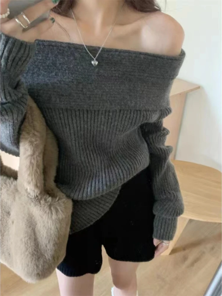 Pullovers Women Slash Neck Soft Long Sleeve Chic Sweet Spicy Girls Off-shoulder All-match Korean Fashion Knitwear Casual Autumn