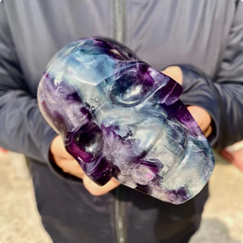 1.4-1.6kg Natural Colored Fluorite Skull Quartz Hand Carved Crystal Healing
