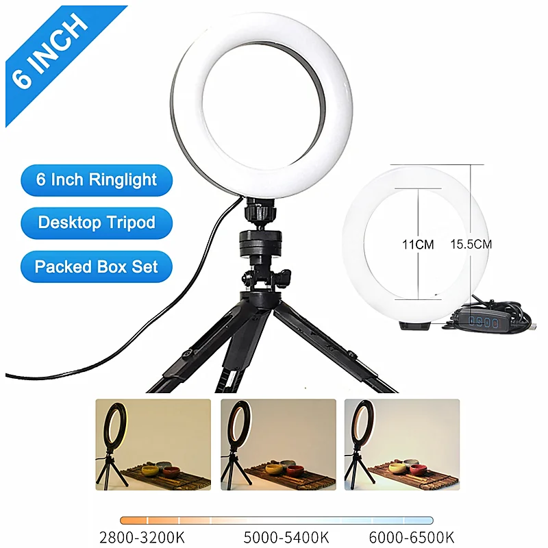 Mini LED 6 Inch Selfie Ring Light Desktop Video Lamp With Tripod Stand USB Plug For YouTuber Live Vlog Makeup Studio Lighting