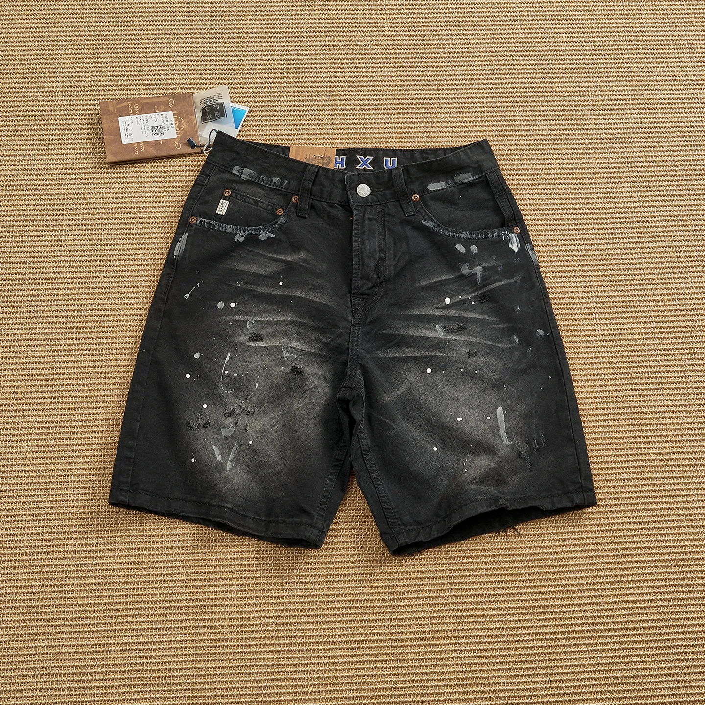 Heavy-duty washed Ami khaki style distressed frayed trousers splash-ink multi-pocket workwear denim shorts