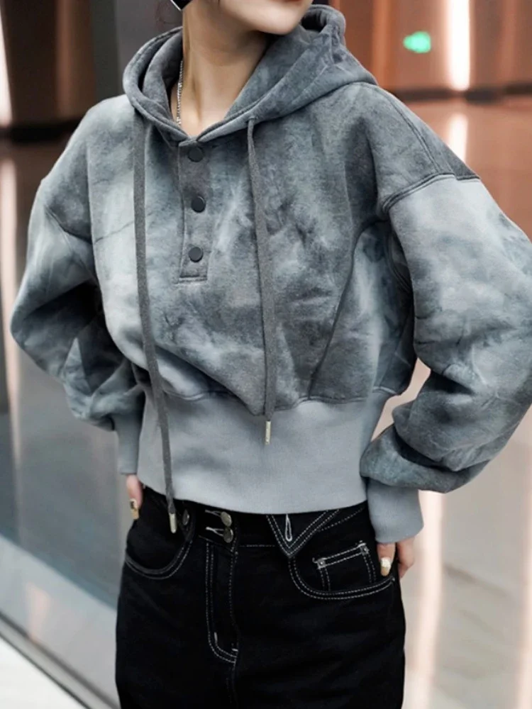 Female Top Cropped Cold Loose Baggy Thick Women\'s Hooded Sweatshirts Grey Autumn and Winter Warm Hoodies Novelty Xxl E Aesthetic