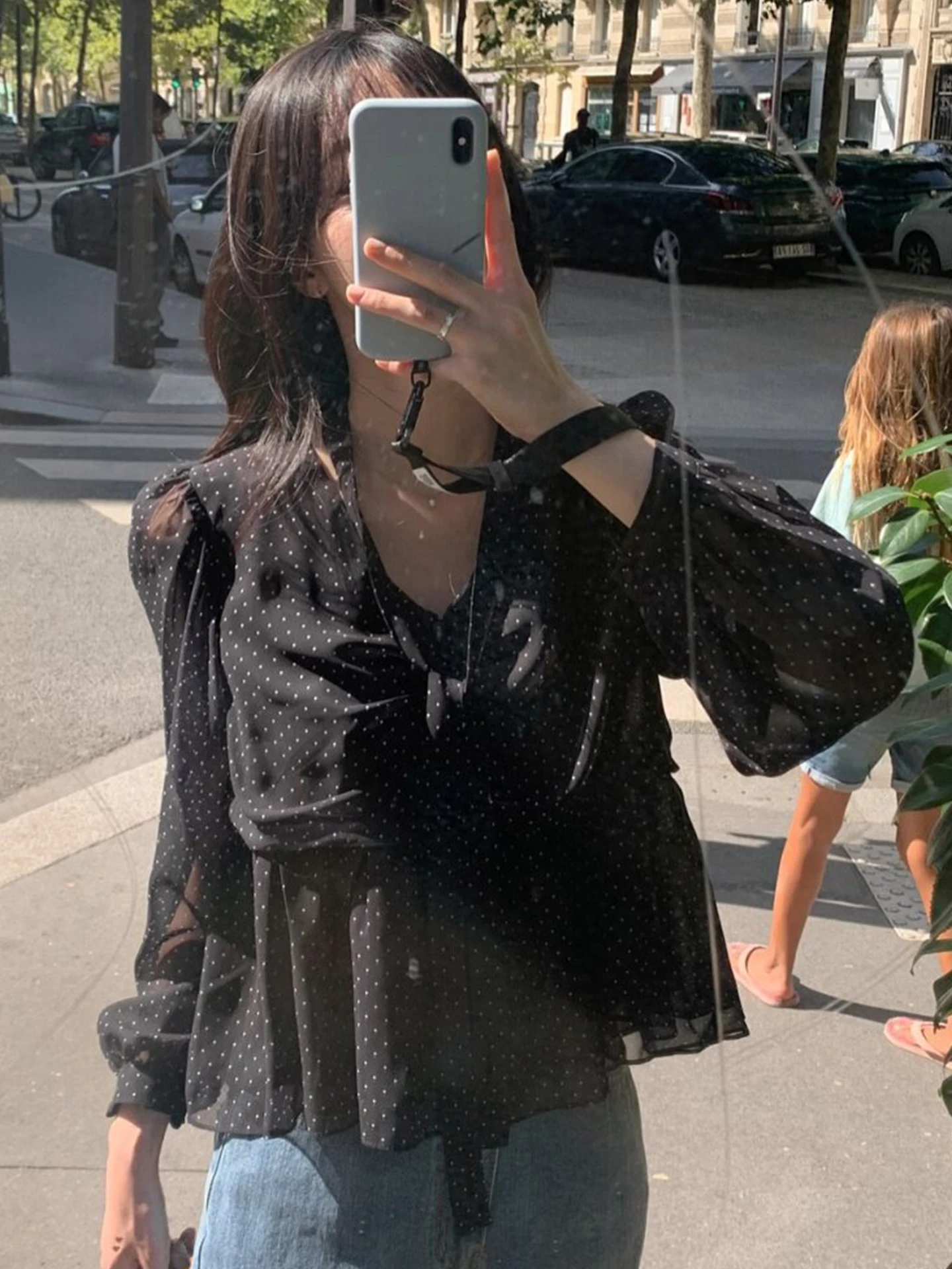 Spring New Style Women's Shirt V-neck Long Sleeve Chiffon Blouse Gathered Dots Pattern Korean Style Commute Fashion Loose Fit