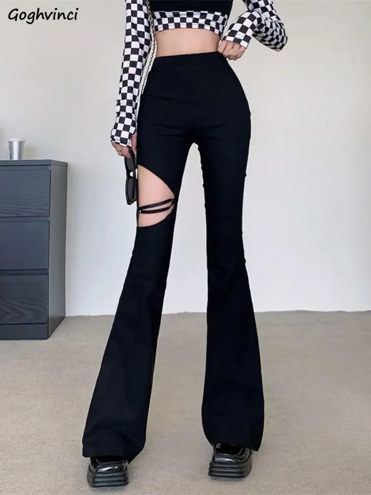 

Black Flare Pants Women Chic Fashion Hollow Out Skinny Sexy Streetwear Ins High Waist Casual Y2k Spring All-match College Girls