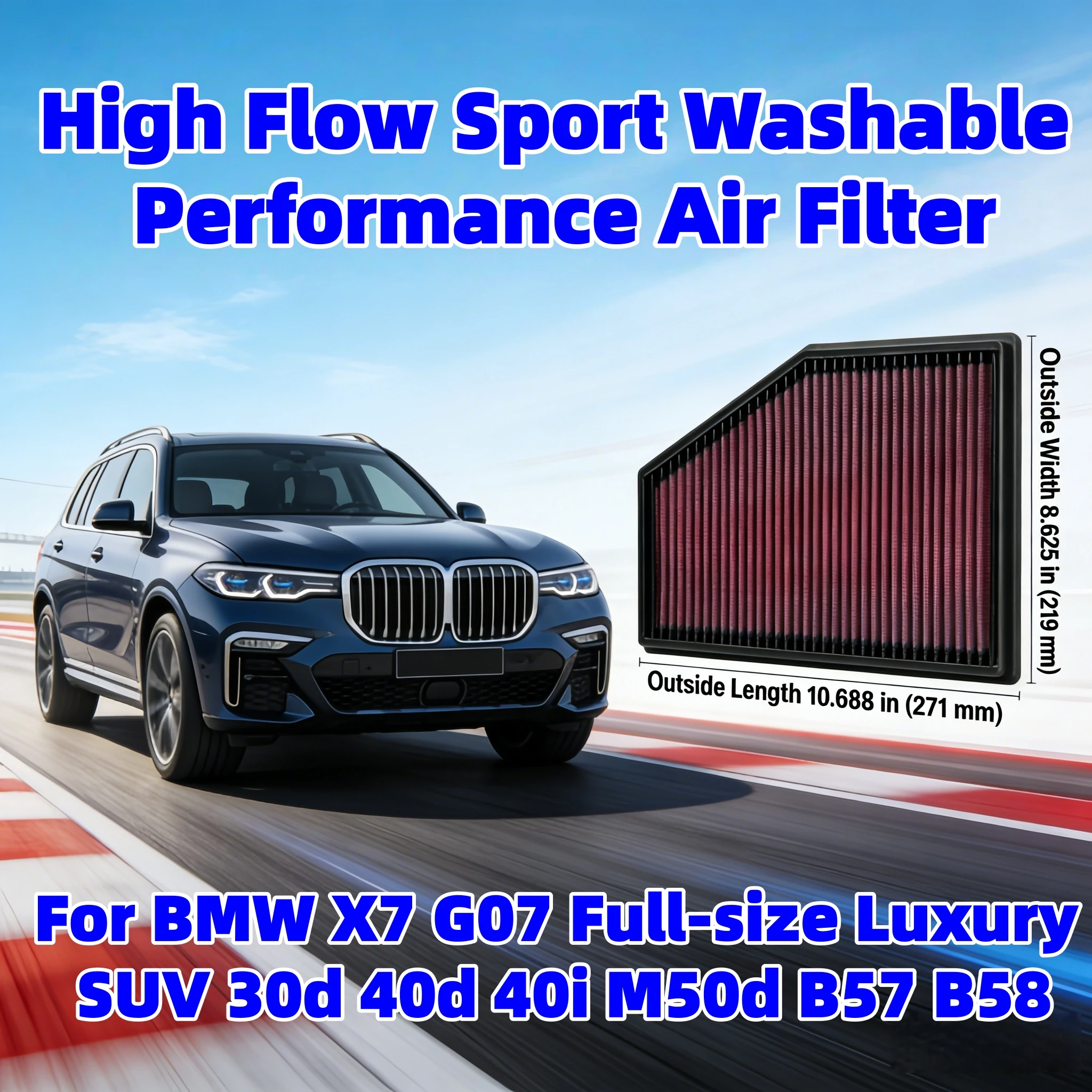 High Flow Sport Washable Panel For BMW X7 G07 Full-size Luxury SUV 30d 40d 40i M50d B57 B58 Air Filter Replacement 33-3079
