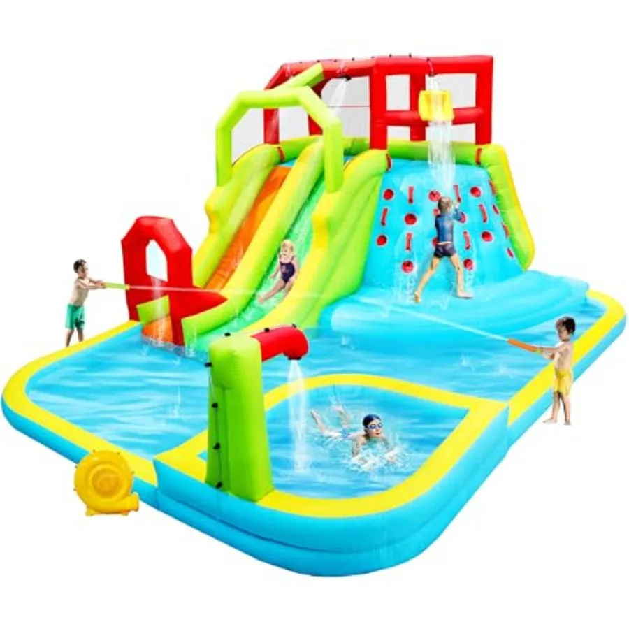 Nadmuchiwany park wodny z zjeżdżalnią, zamkiem dmuchanym i głębokim basenem, 191 x 157,5 x 100 cali, z dmucharką.