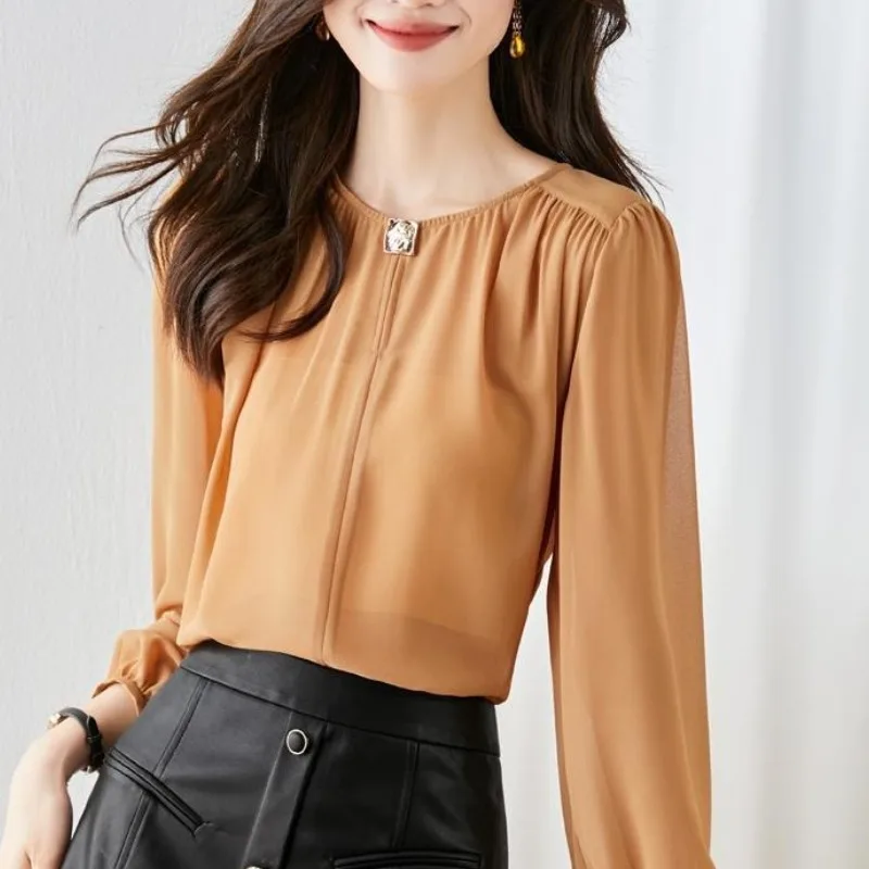 Spring and Autumn Women's Pullover Round Neck Solid Diamonds Loose Fit Long Sleeve Chiffon Shirt Fashion Elegant Commuter Tops
