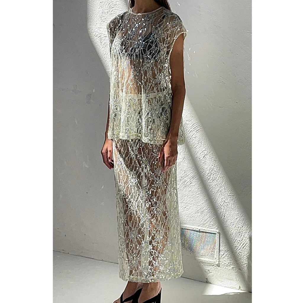 

Elegant Women's 2 Piece Skirt See Through Soild Color Outfits Cap Sleeve Sheer Sequins Flower Tops Long Skirt Set