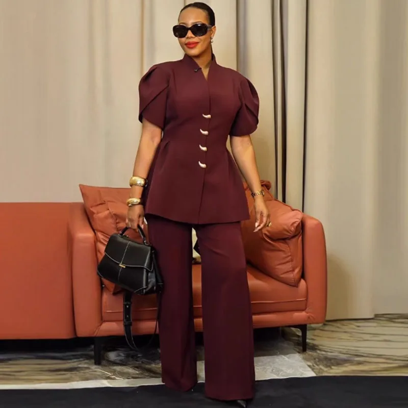 طقم مكون من قطعتين أنيق عتيق طقم نسائي متناسق مكتب سيدة واحدة الصدر بأكمام منتفخة معطف وبدلات واسعة الساق