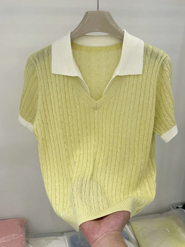 

Korean Style Refreshing Color Block V-Neck Breathable Thin Linen Knitted Top Women's Loose Fit Soft Comfortable Summer Shirt