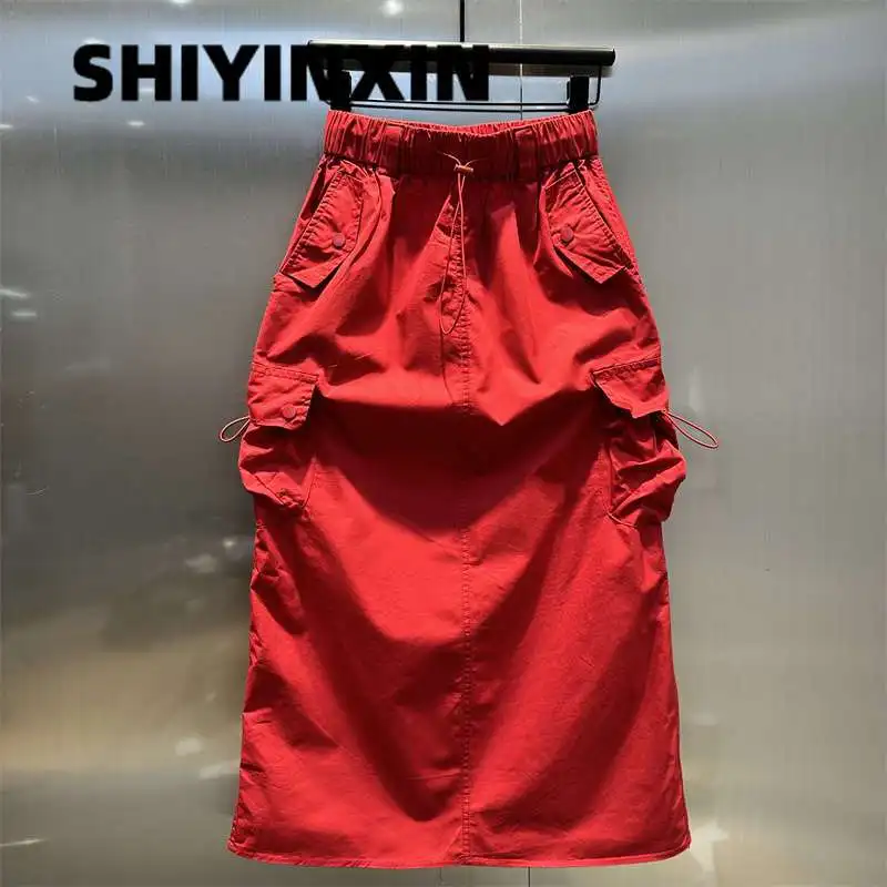 Casual straight skirt women's high waist and thin American personality split elastic waist versatile skirt summer