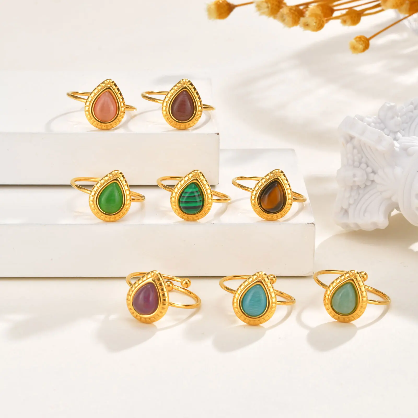 

Vnox Dainty Water Droplets Opal Rings For Women Stainless Steel Colored Stone Aesthetic Open Rings Waterproof Finger Jewelry