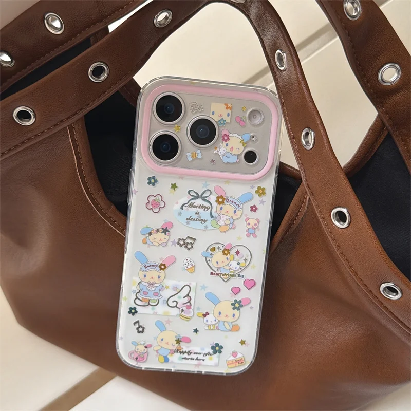 

Cute Cartoon Rabbit Phone Case Pink Camera Frame Clear For iPhone 13 14 15 16 17 Pro Max Shockproof Cover Girls