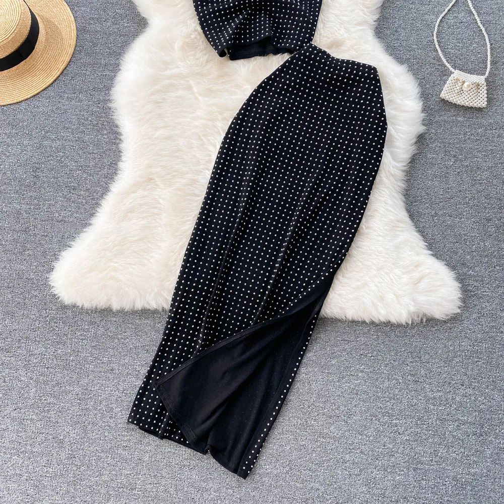 Vintage Black/Red Beading Two Piece Set Women Elegant Stand Collar Short Sleeve Tops + High Waist Pencil Skirt Suit Female 2022