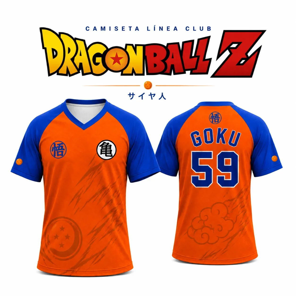 Camiseta de fútbol de Dragon Ball Z, modelo Goku 59, para hombre, en color naranja y azul, con cuello en V, manga corta, camiseta de fútbol de anime, ideal para cosplay y actividades deportivas.
